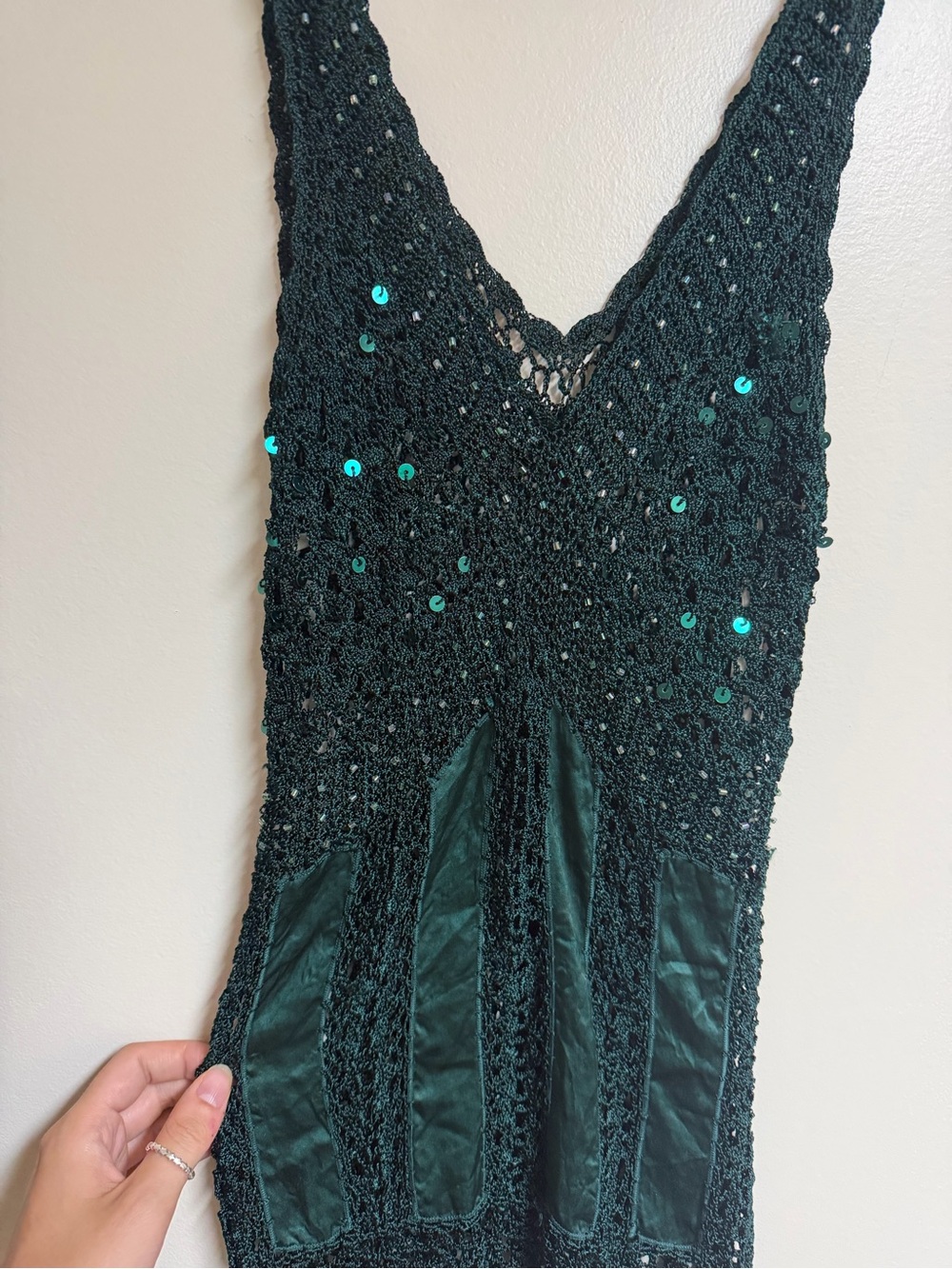 Green Crochet Sequin V-Neck Women's Tank Top